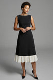 Black and White Satin A Line Midi Work Dress with Ruffles