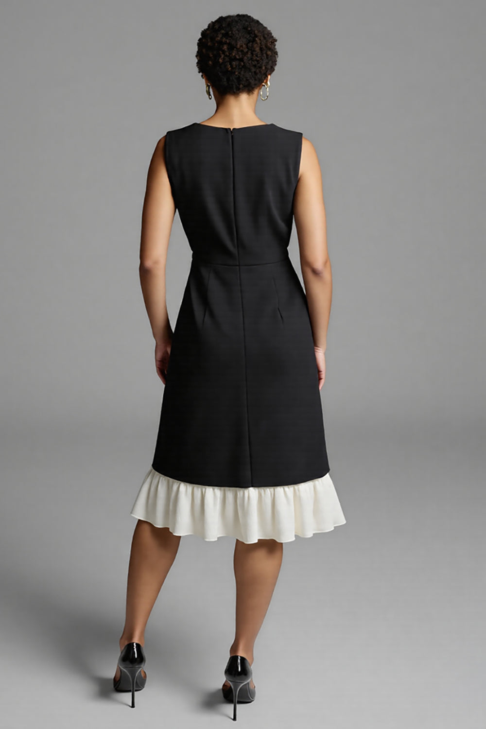 Black and White Satin A Line Midi Work Dress with Ruffles