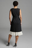 Black and White Satin A Line Midi Work Dress with Ruffles