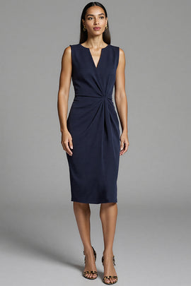 Navy Ruched Bodycon Satin Midi Work Dress