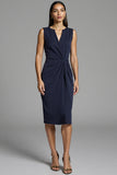 Navy Ruched Bodycon Satin Midi Work Dress