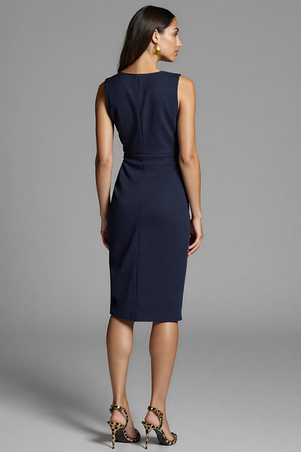 Navy Ruched Bodycon Satin Midi Work Dress