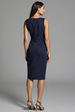 Navy Ruched Bodycon Satin Midi Work Dress