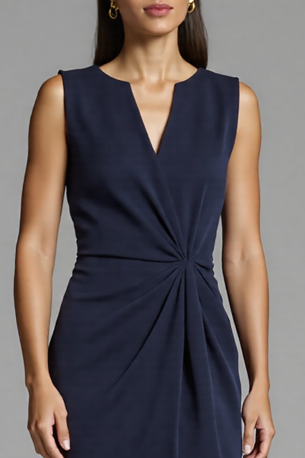 Navy Ruched Bodycon Satin Midi Work Dress