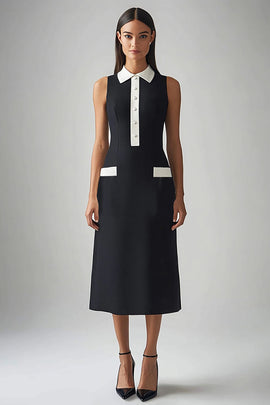 Black and White Satin Collar Neck Midi Sheath Work Dress