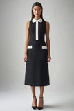 Black and White Satin Collar Neck Midi Sheath Work Dress