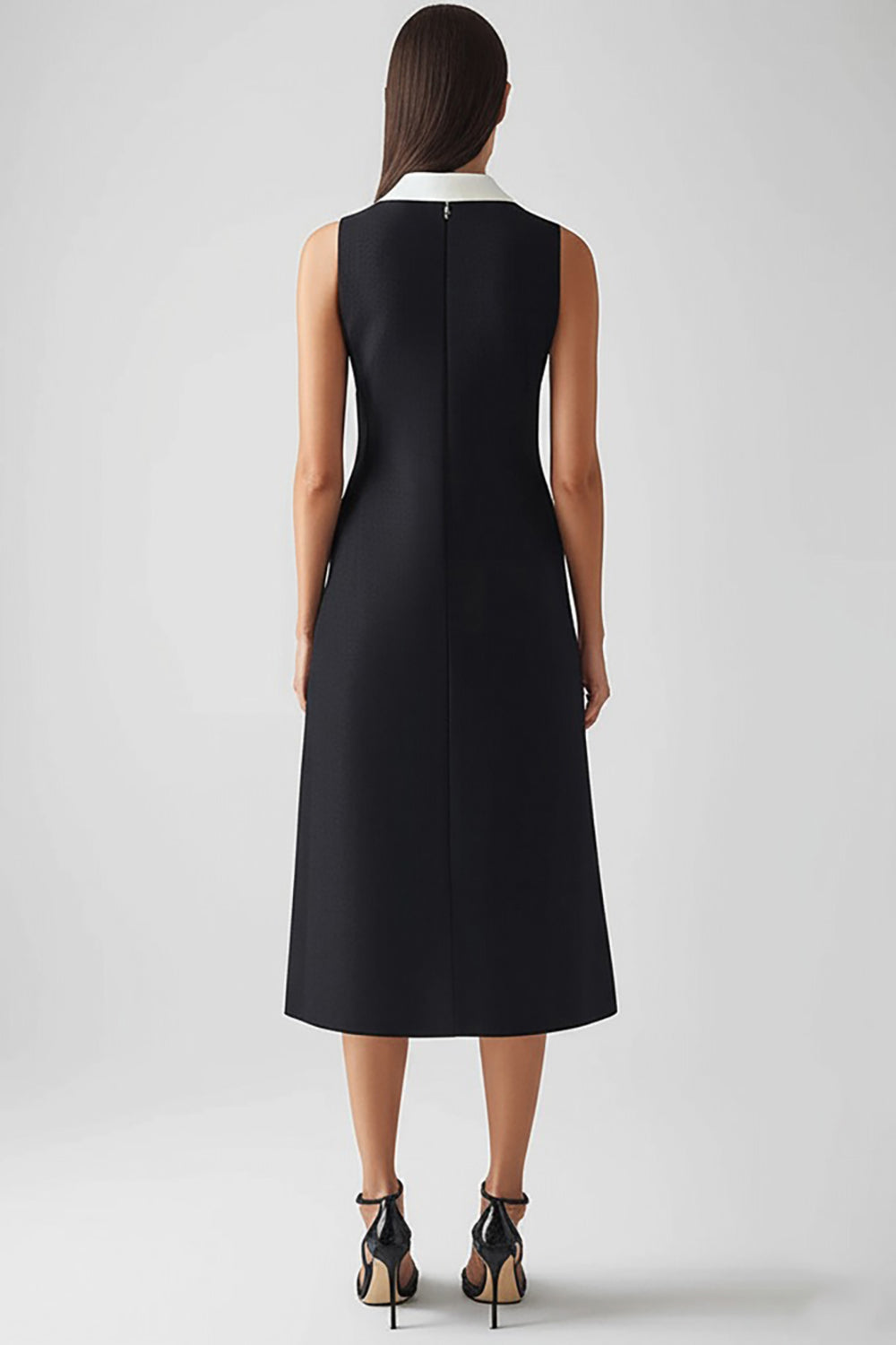 Black and White Satin Collar Neck Midi Sheath Work Dress