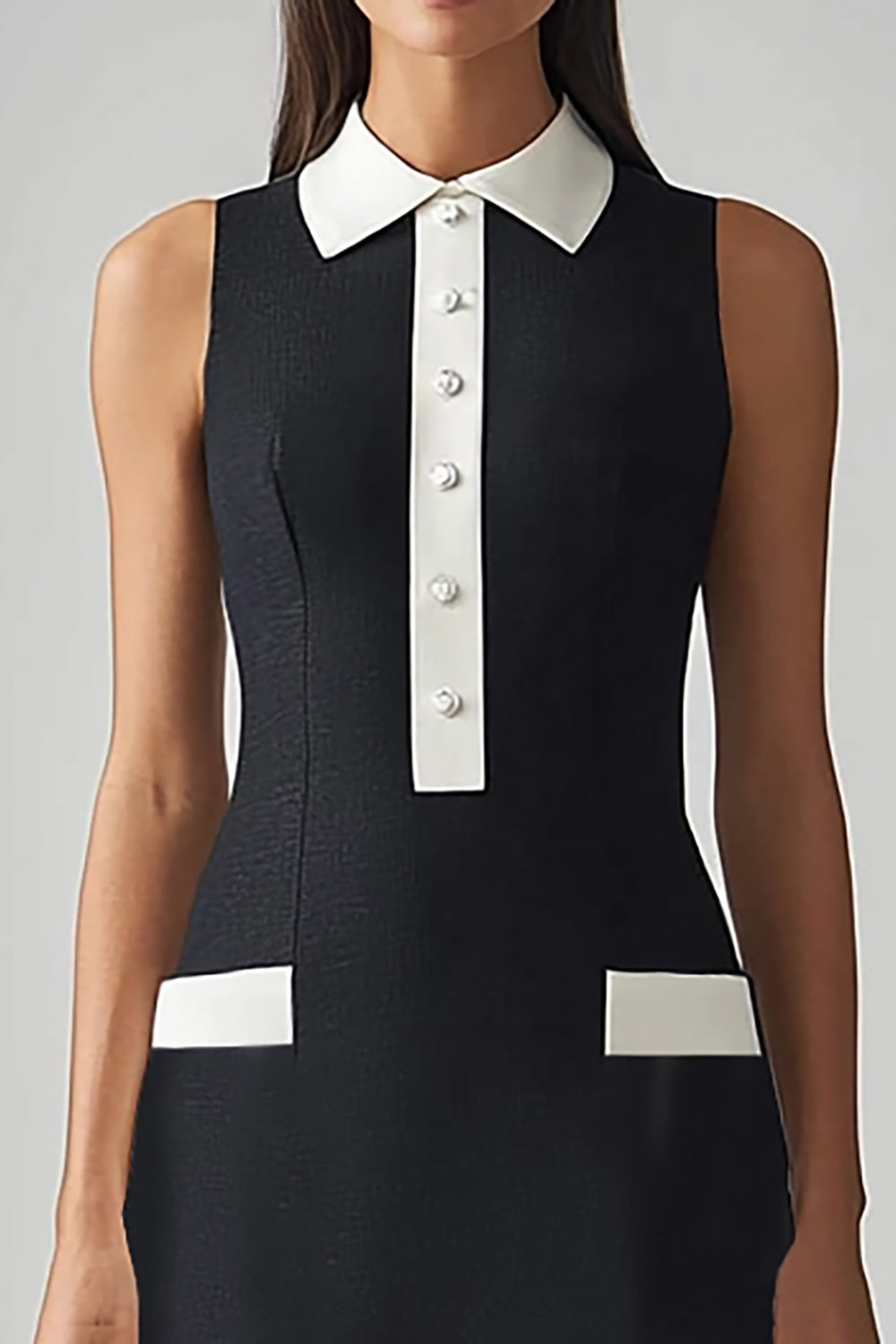 Black and White Satin Collar Neck Midi Sheath Work Dress