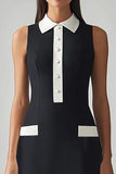 Black and White Satin Collar Neck Midi Sheath Work Dress