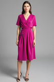 Fuchsia Satin V-Neck Ruched Midi Work Dress with Short Sleeves