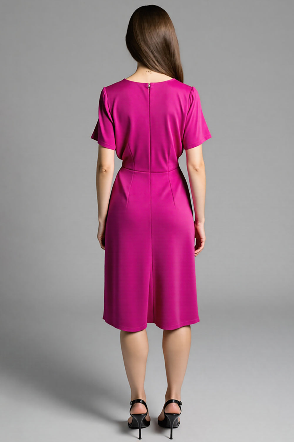 Fuchsia Satin V-Neck Ruched Midi Work Dress with Short Sleeves