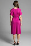 Fuchsia Satin V-Neck Ruched Midi Work Dress with Short Sleeves