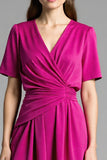 Fuchsia Satin V-Neck Ruched Midi Work Dress with Short Sleeves