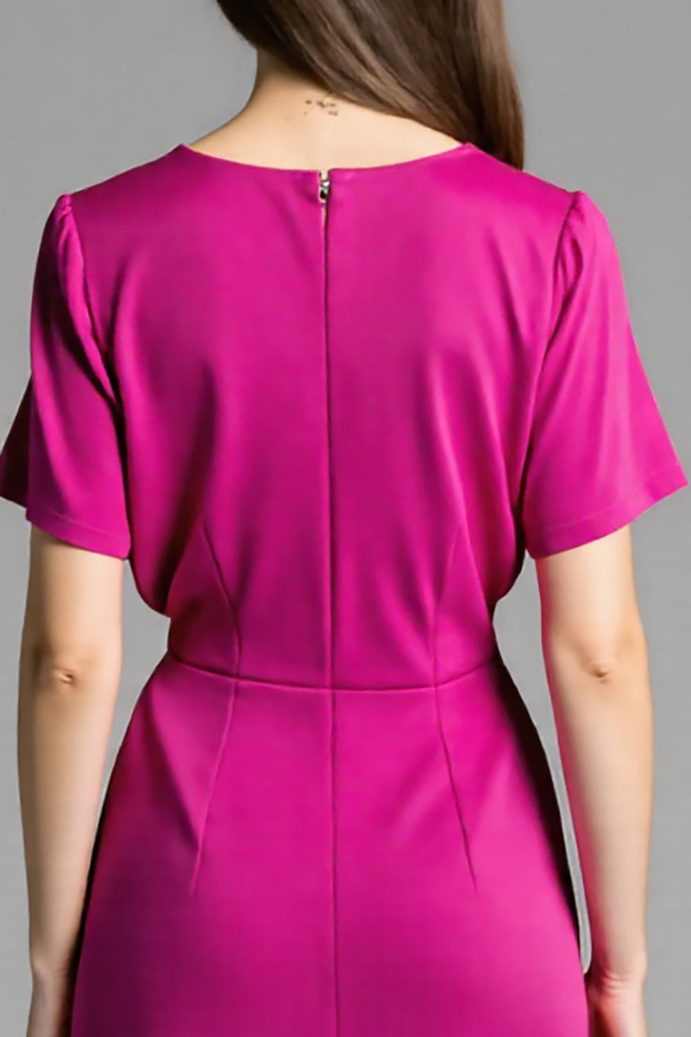 Fuchsia Satin V-Neck Ruched Midi Work Dress with Short Sleeves