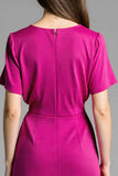 Fuchsia Satin V-Neck Ruched Midi Work Dress with Short Sleeves