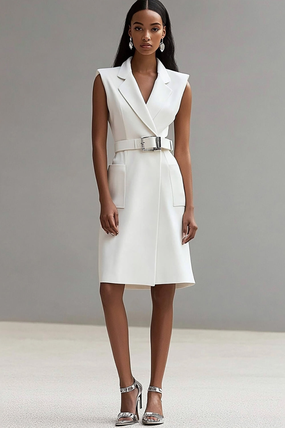 Ivory Notched Lapel Short Satin Work Blazer Dress with Pockets
