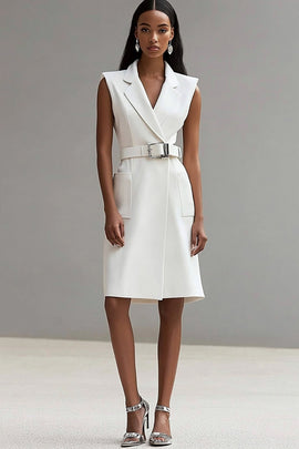 Ivory Notched Lapel Short Satin Work Blazer Dress with Pockets