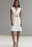 Ivory Notched Lapel Short Satin Work Blazer Dress with Pockets