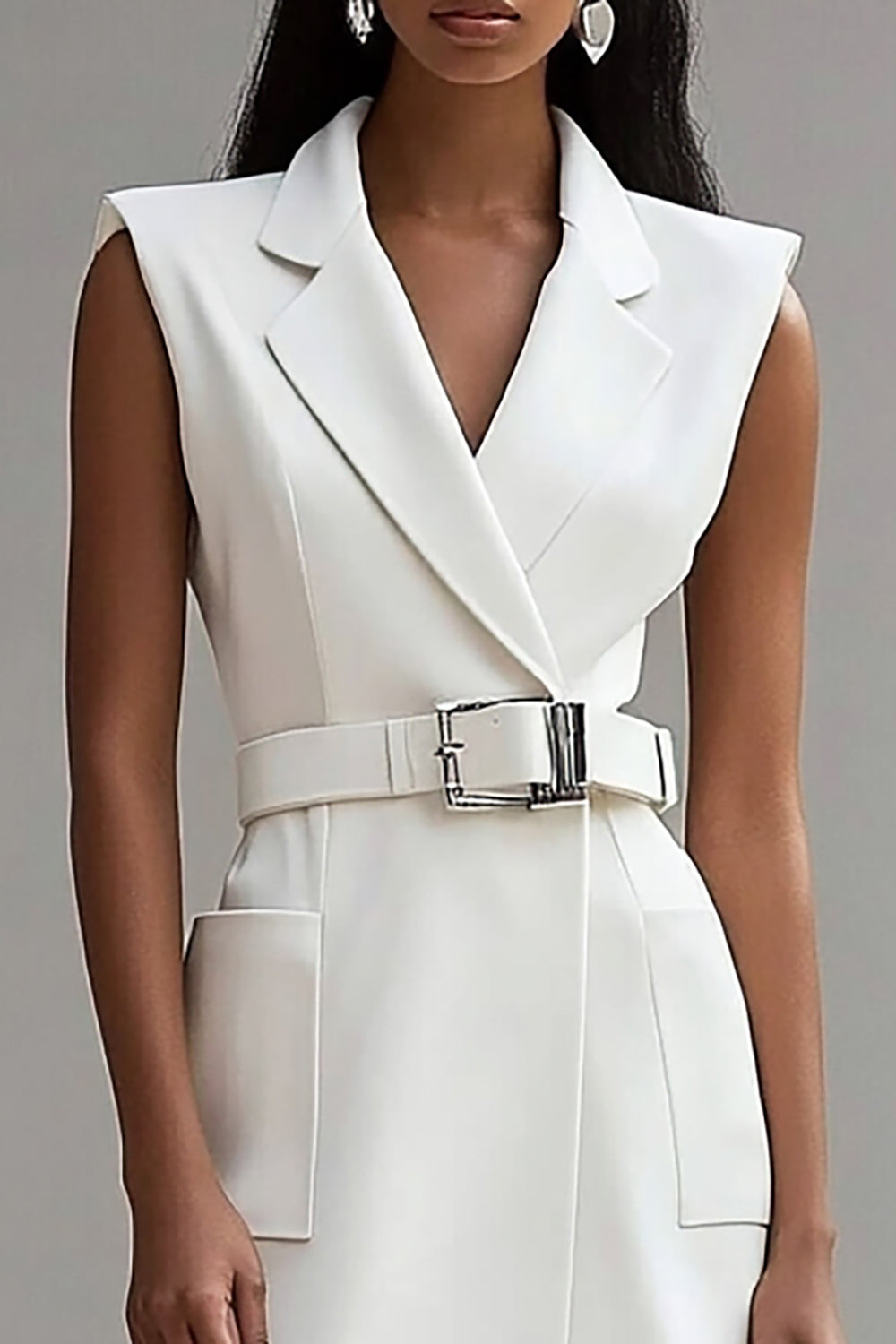 Ivory Notched Lapel Short Satin Work Blazer Dress with Pockets