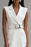 Ivory Notched Lapel Short Satin Work Blazer Dress with Pockets