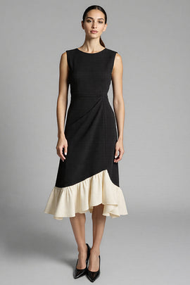 Black Satin A Line Midi Work Dress with Ruffles
