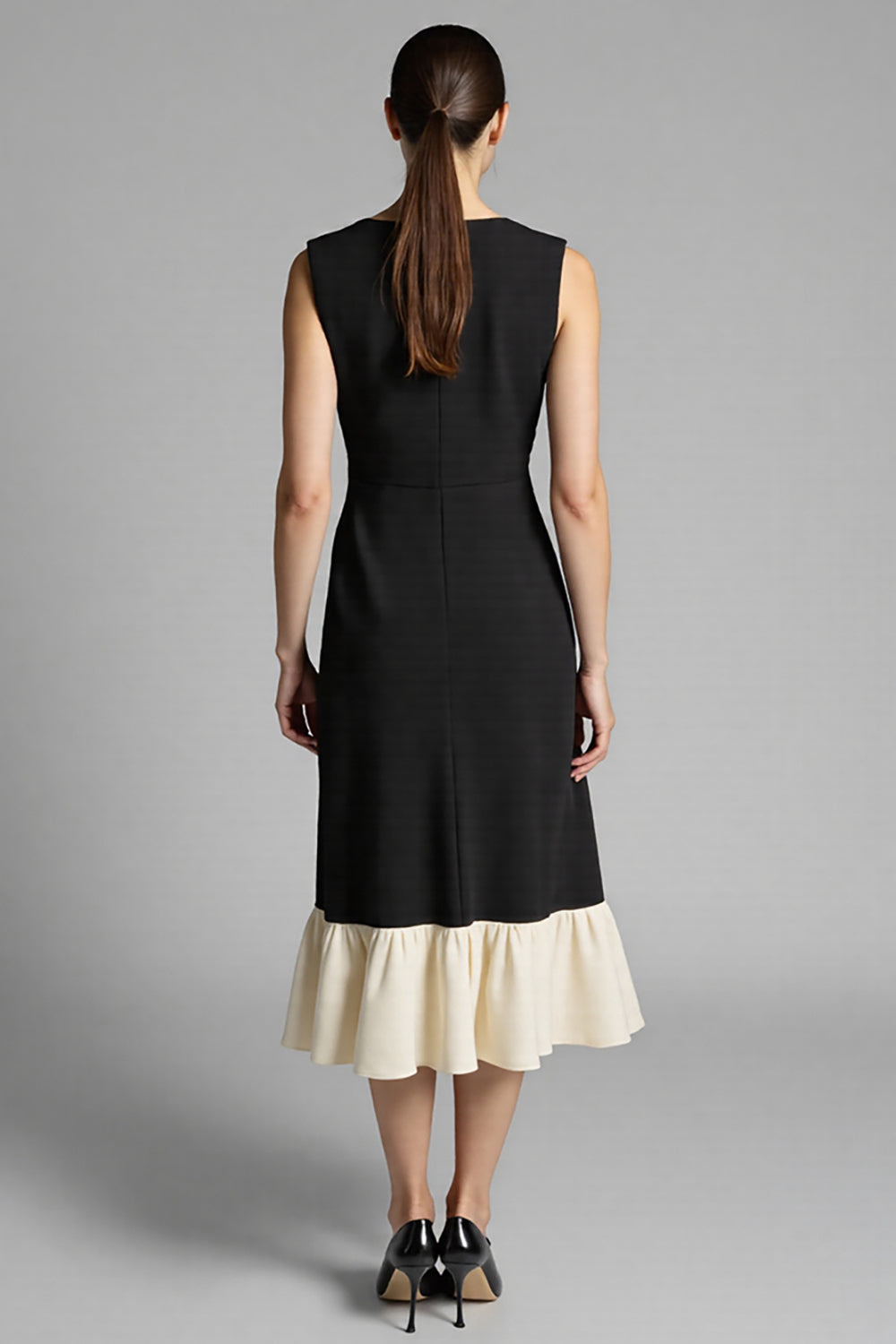 Black Satin A Line Midi Work Dress with Ruffles