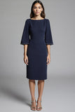 Navy Bodycon Satin Midi Work Dress with Half Sleeves