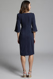Navy Bodycon Satin Midi Work Dress with Half Sleeves