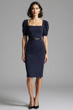 Navy Bodycon Satin Square Neck Midi Work Dress with Short Sleeves