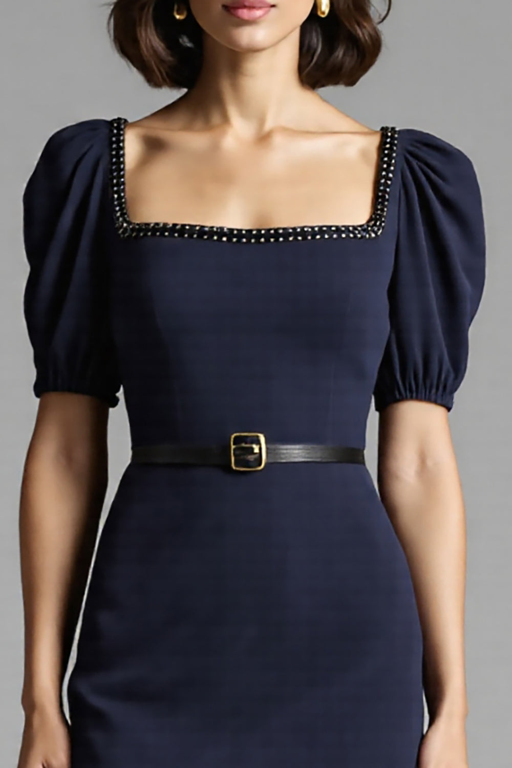Navy Bodycon Satin Square Neck Midi Work Dress with Short Sleeves