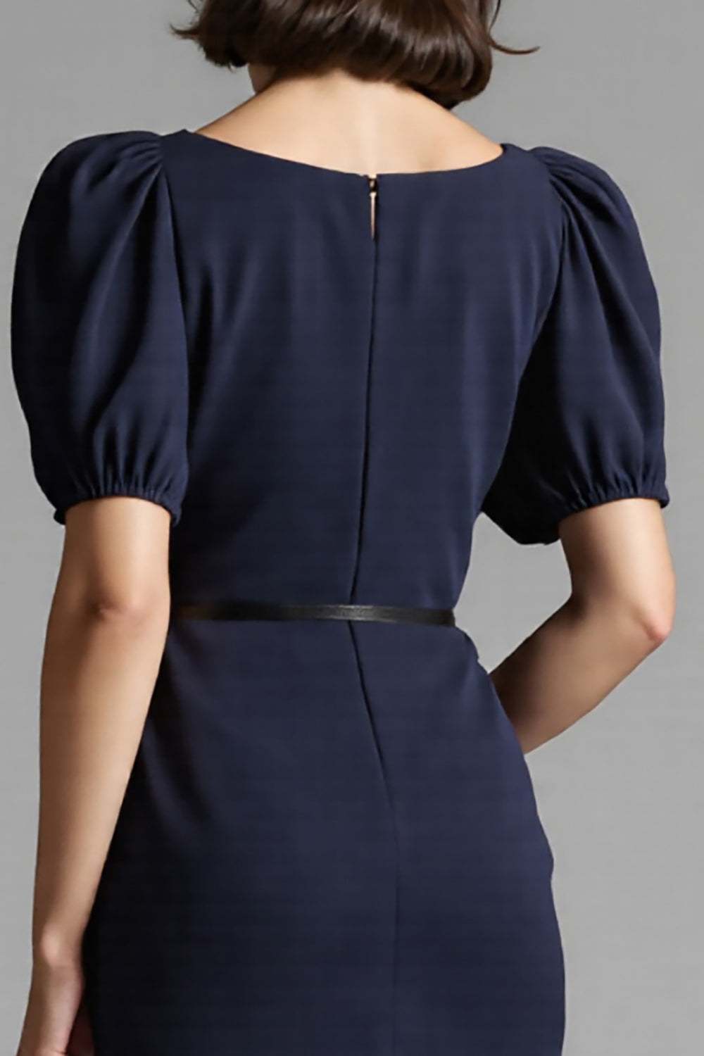 Navy Bodycon Satin Square Neck Midi Work Dress with Short Sleeves
