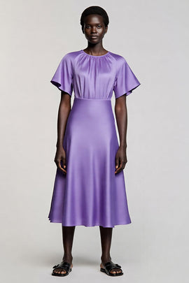 Purple A Line Satin Jewel Neck Midi Work Dress with Sleeves