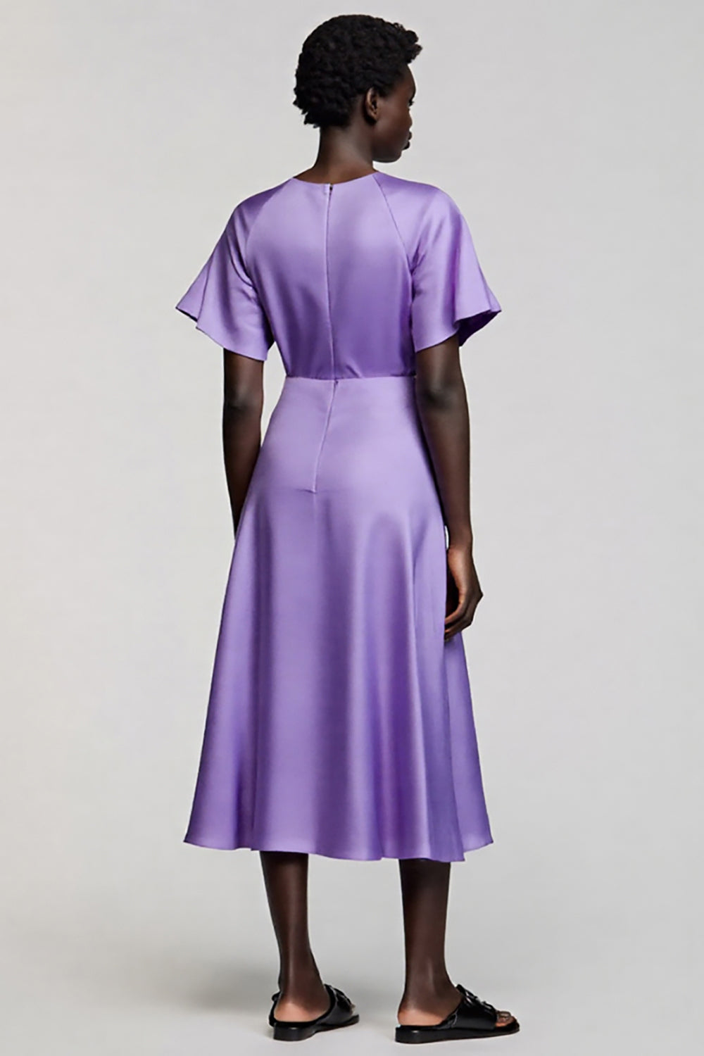 Purple A Line Satin Jewel Neck Midi Work Dress with Sleeves