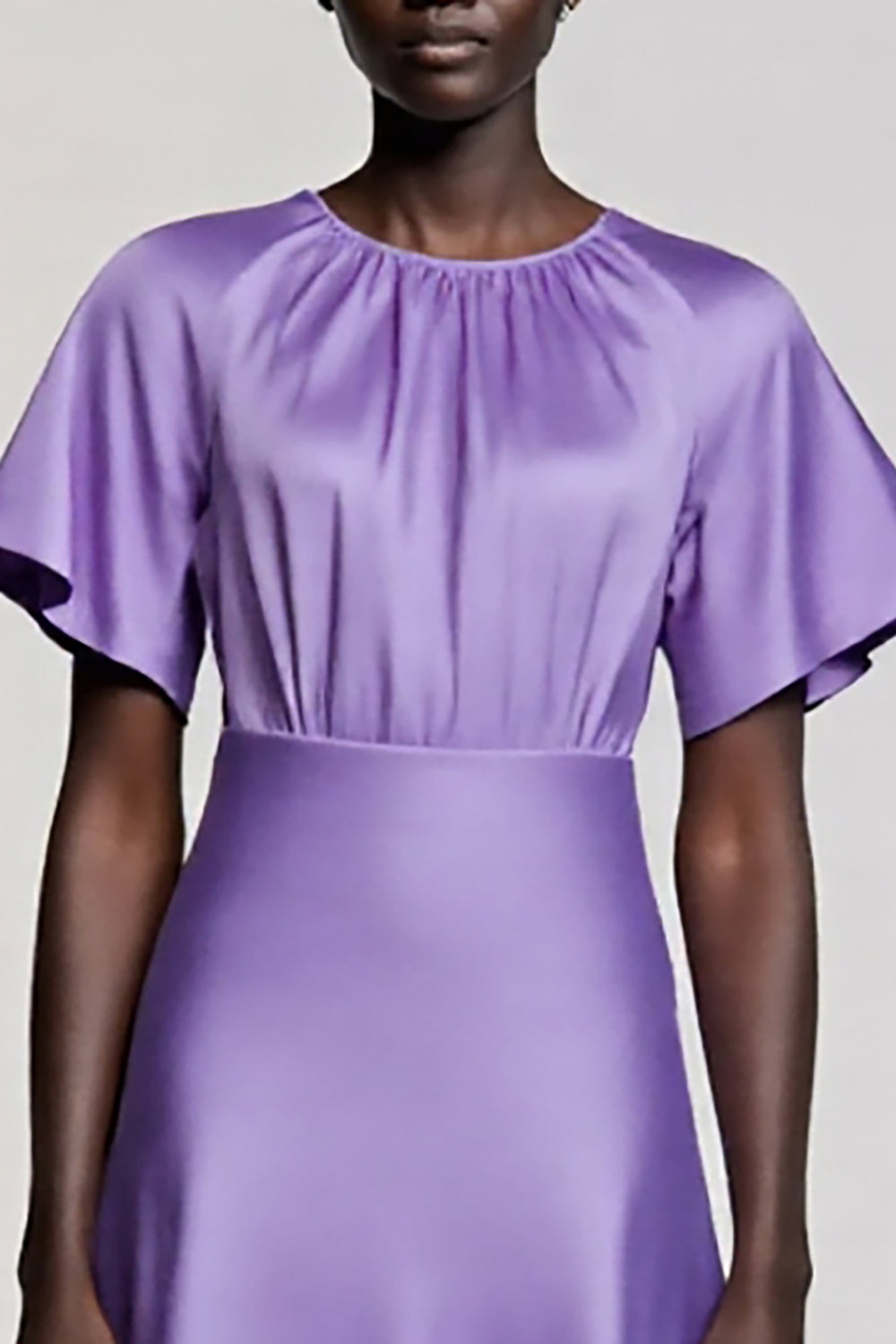 Purple A Line Satin Jewel Neck Midi Work Dress with Sleeves