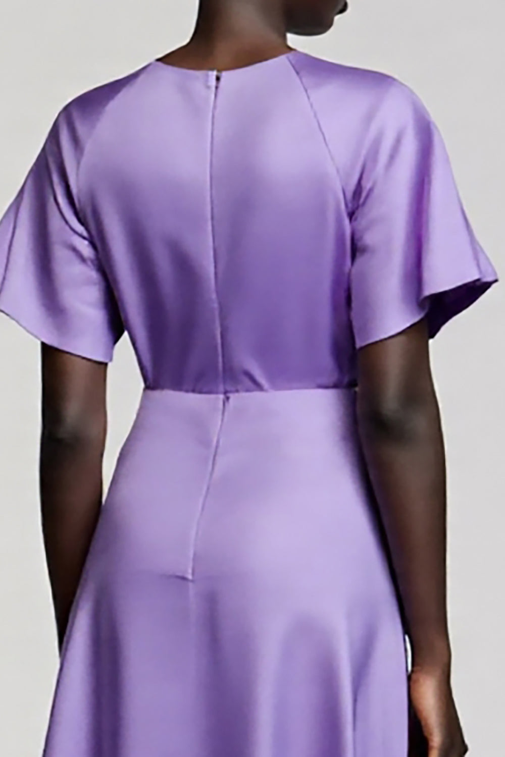 Purple A Line Satin Jewel Neck Midi Work Dress with Sleeves