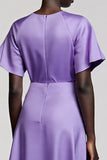 Purple A Line Satin Jewel Neck Midi Work Dress with Sleeves