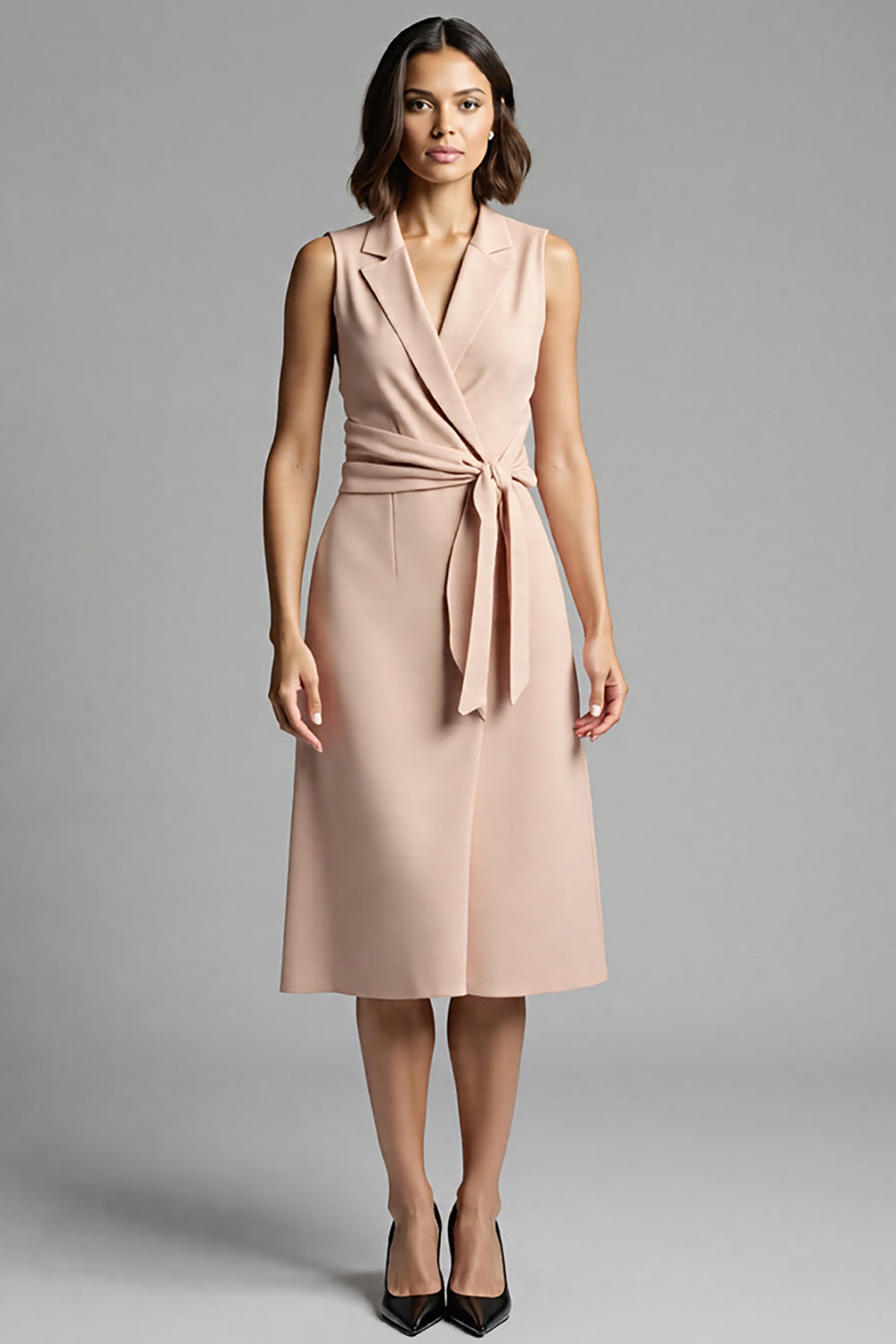 Champagne Satin Notched Lapel A Line Midi Work Dress with Ruffles