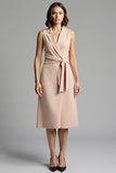 Champagne Satin Notched Lapel A Line Midi Work Dress with Ruffles
