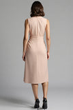 Champagne Satin Notched Lapel A Line Midi Work Dress with Ruffles