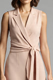 Champagne Satin Notched Lapel A Line Midi Work Dress with Ruffles