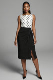 Black and White Satin Bodycon Polka Dots Midi Work Dress with Slit