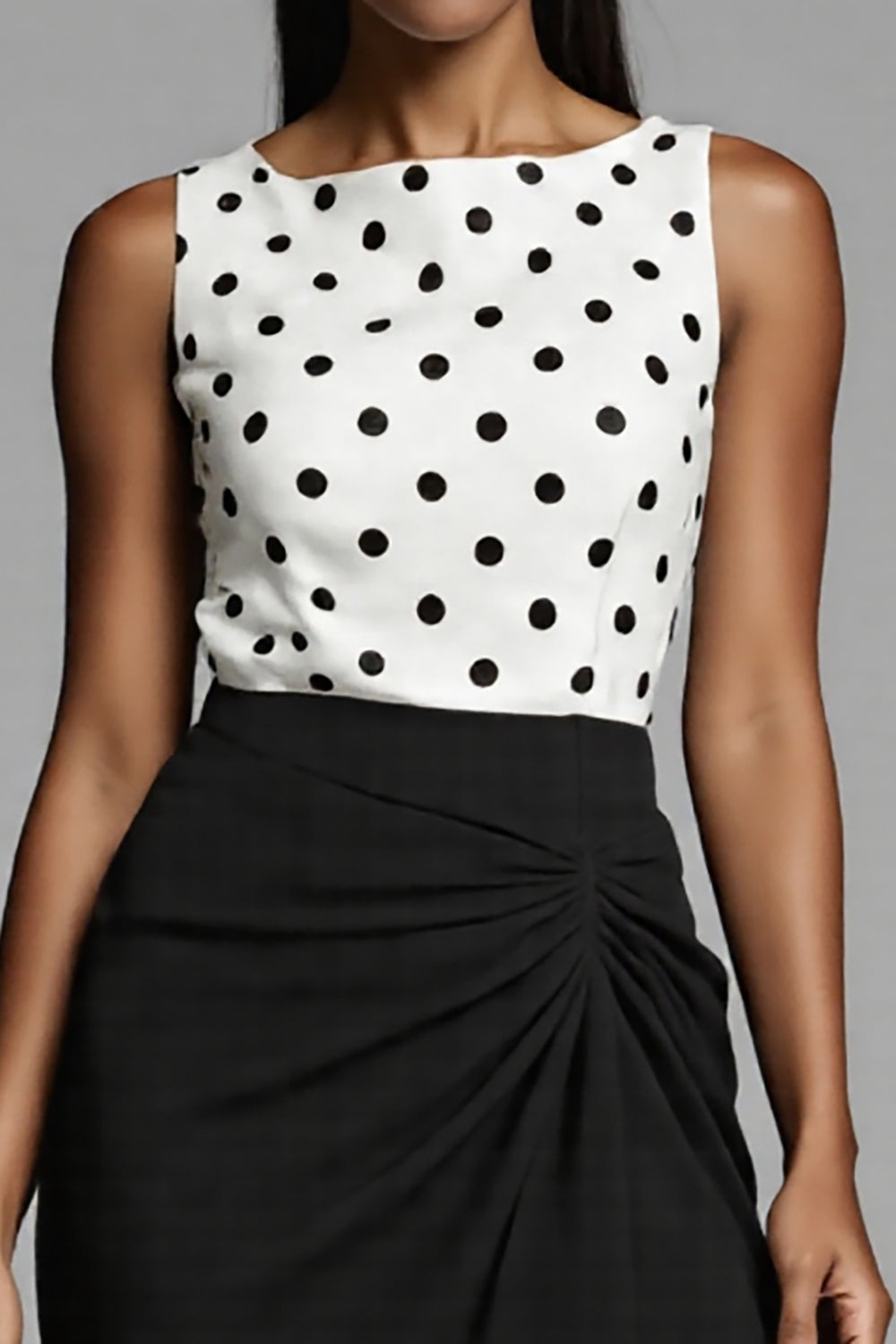 Black and White Satin Bodycon Polka Dots Midi Work Dress with Slit