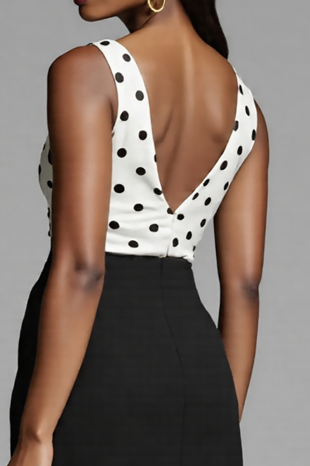 Black and White Satin Bodycon Polka Dots Midi Work Dress with Slit