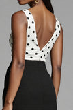 Black and White Satin Bodycon Polka Dots Midi Work Dress with Slit