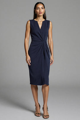 Navy Satin Ruched Midi Bodycon Work Dress