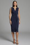 Navy Satin Ruched Midi Bodycon Work Dress