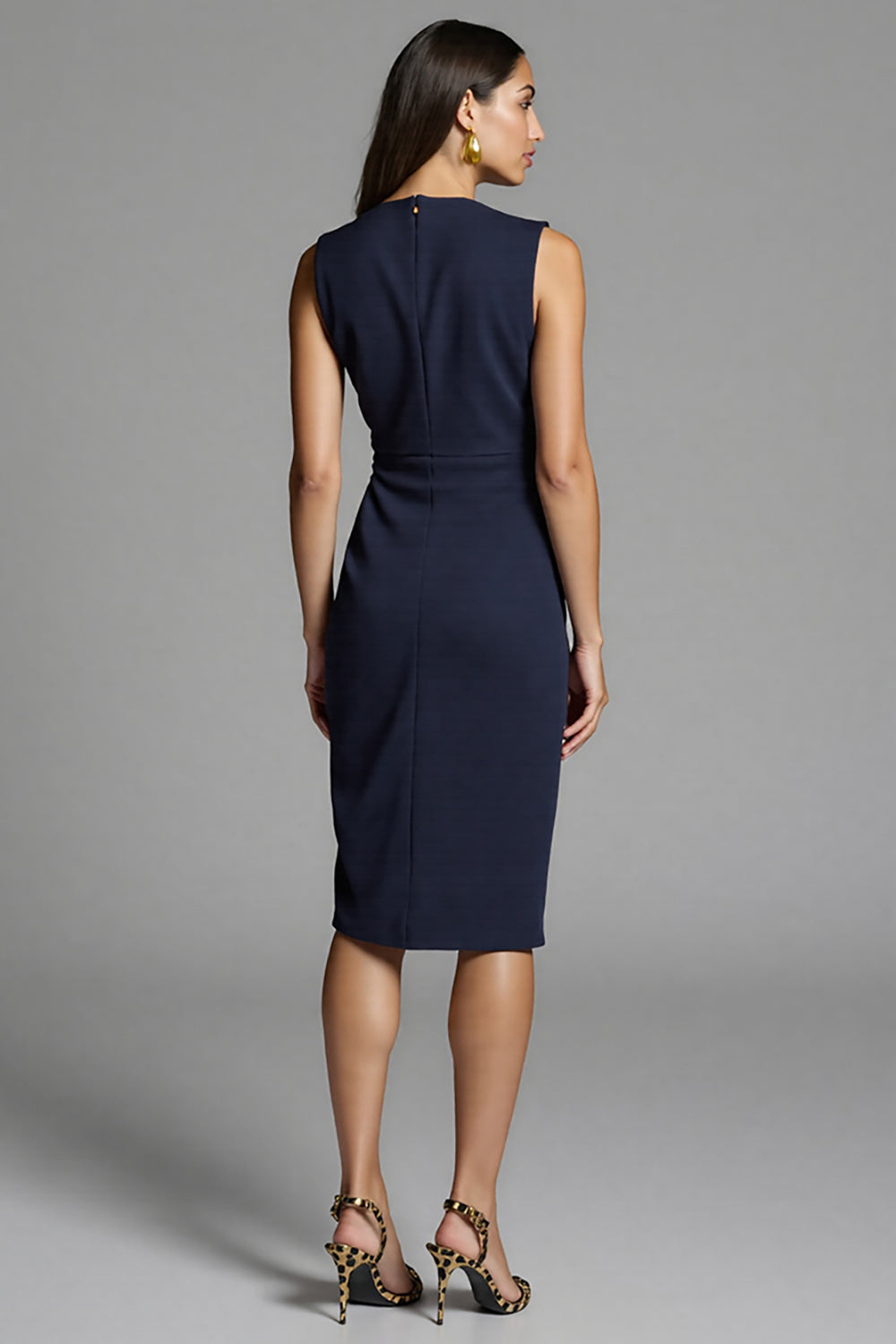 Navy Satin Ruched Midi Bodycon Work Dress