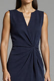 Navy Satin Ruched Midi Bodycon Work Dress