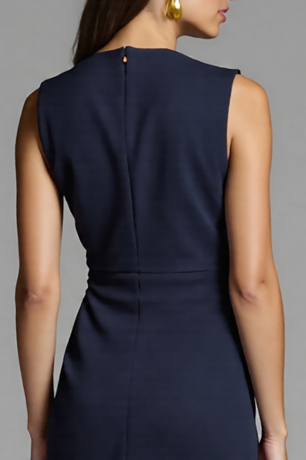 Navy Satin Ruched Midi Bodycon Work Dress
