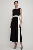 Black and White Satin A Line Bateau Neck Long Work Dress